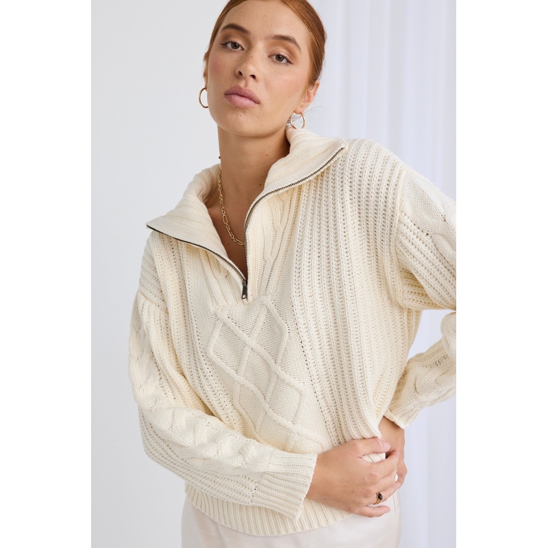Clover Ivory Zip Front Cable Knit Jumper