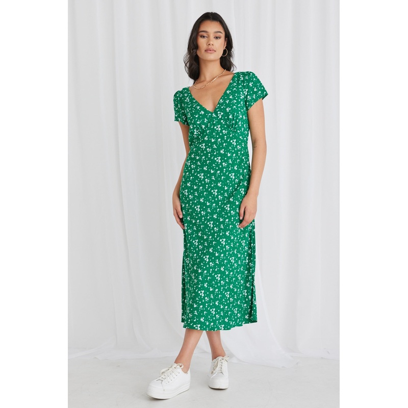 Cosmic Green Ditsy Sleeveless Slim Fit Midi Dress