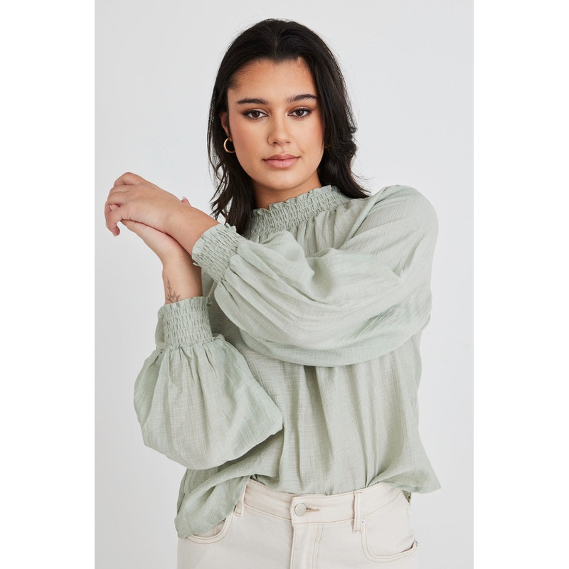 Embrace Sage Crinkle LS High Neck Shirred Puff Sleeve Top