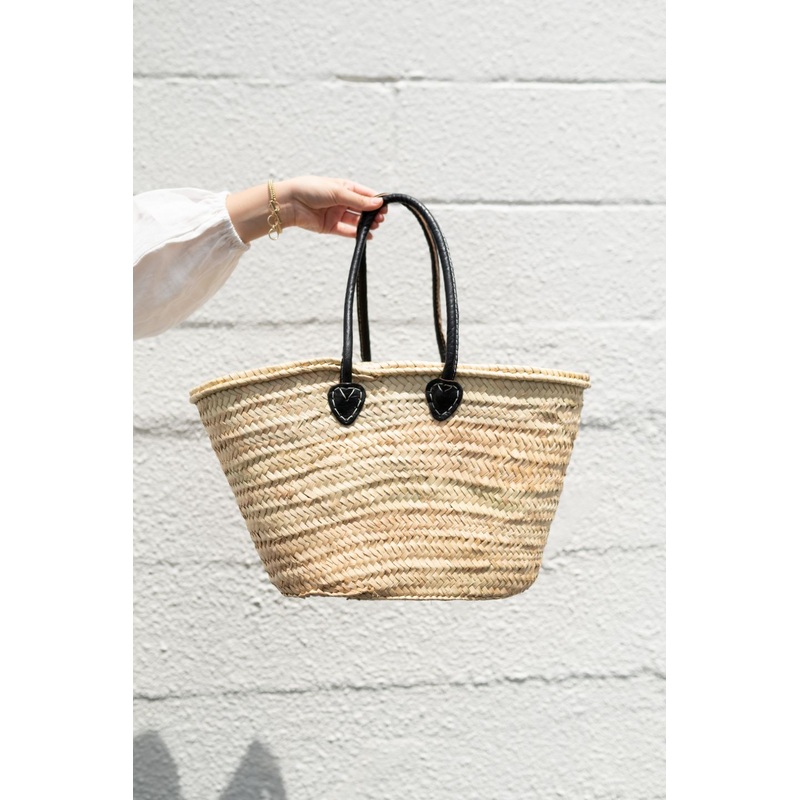 French Market Basket Bag with Deluxe Charcoal Leather Handle
