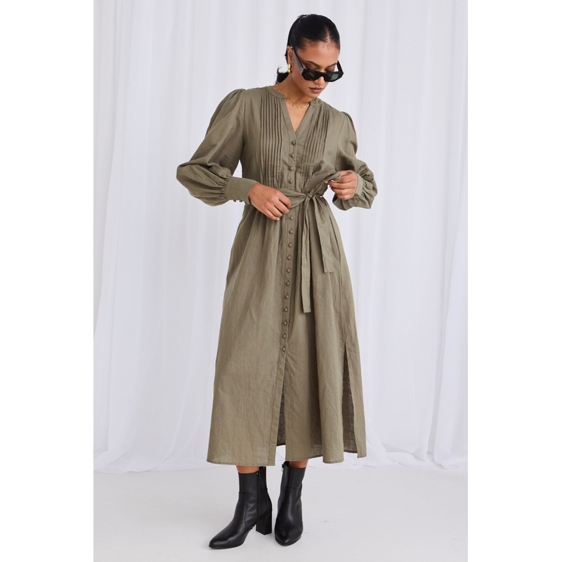 Guardian Soft Khaki Puff Sleeve Pintuck Midi Shirt Dress