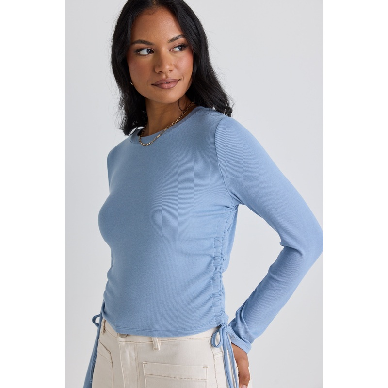 Inclined Duck Egg Rib Rouched Side LS Tee