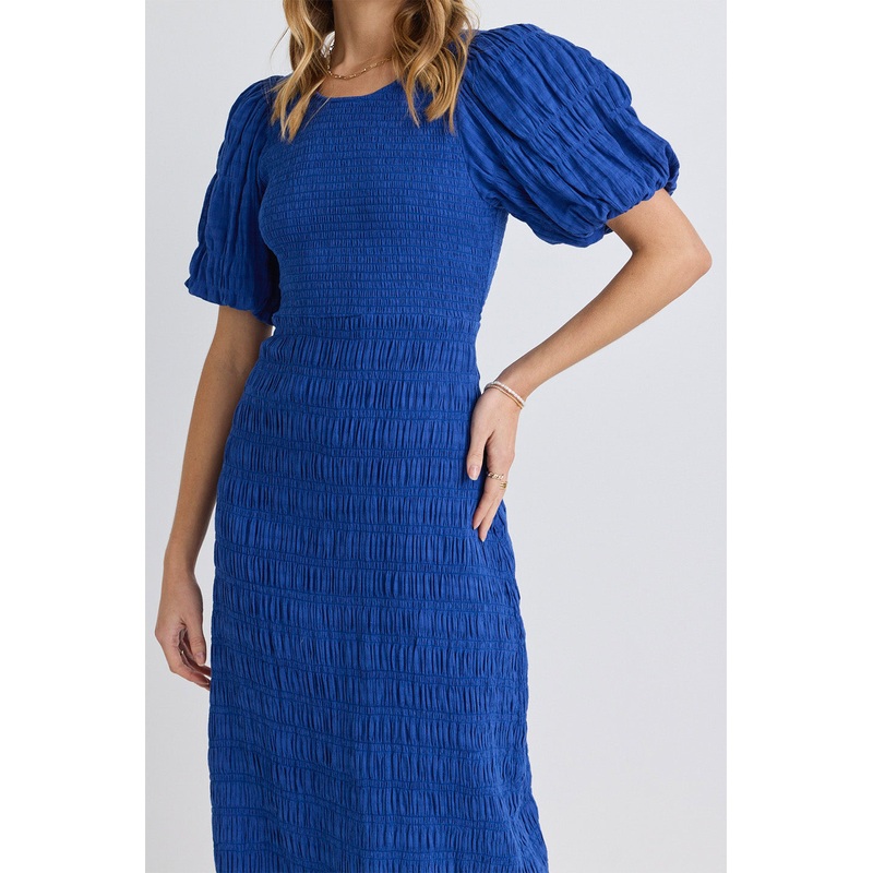 Jade Electric Blue Puff Sleeve Ruched Maxi Dress
