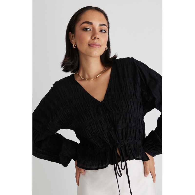 Jolie Black Shirred Cotton LS Button Down Top