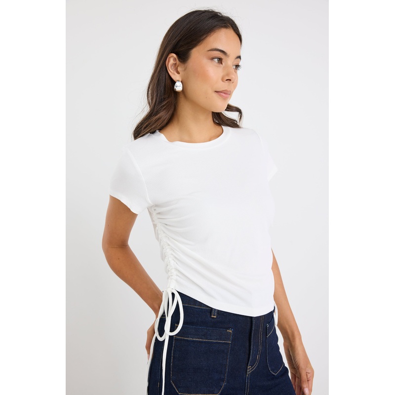 Perfect White Rib Rouched Side Crop Tee