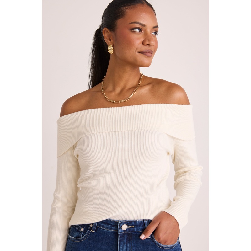 Sasha Winter White LS Off Shoulder Rib Knit Top