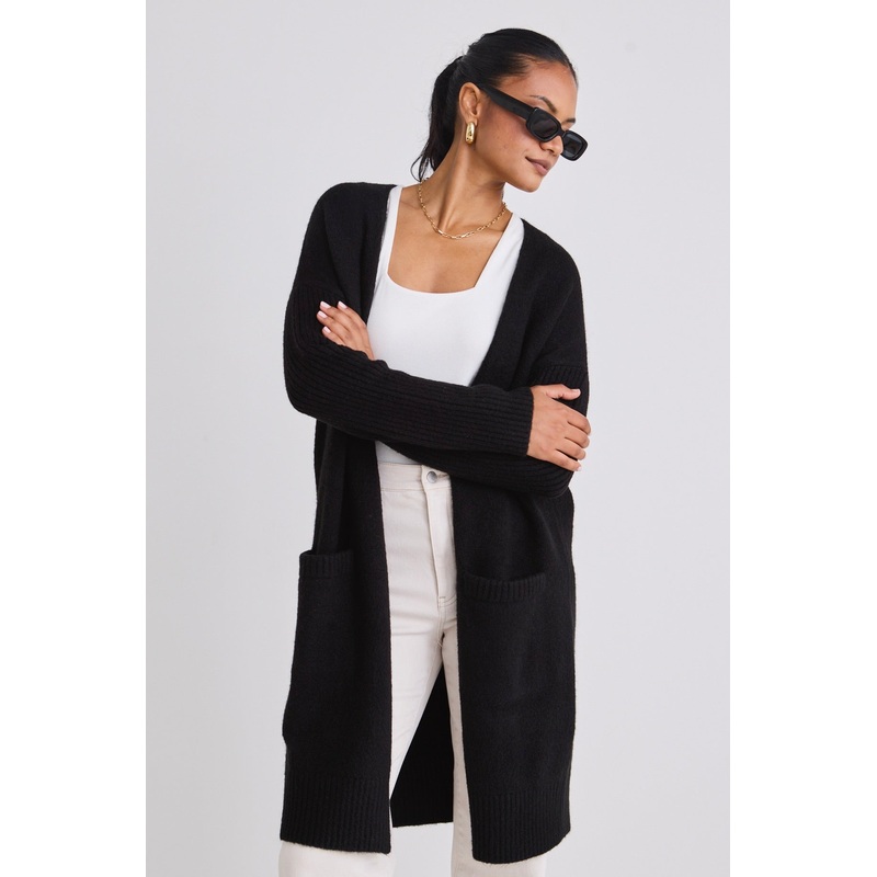 Secure Black Longline Knit Cardigan with Pockets