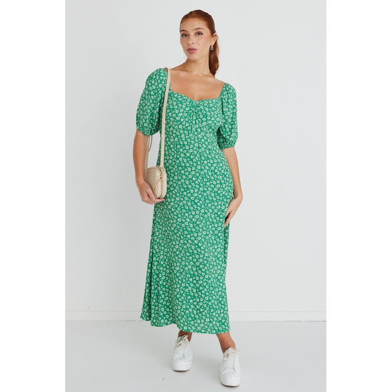Sweetheart Green Ditsy Smocked Bodice SS Midi Dress