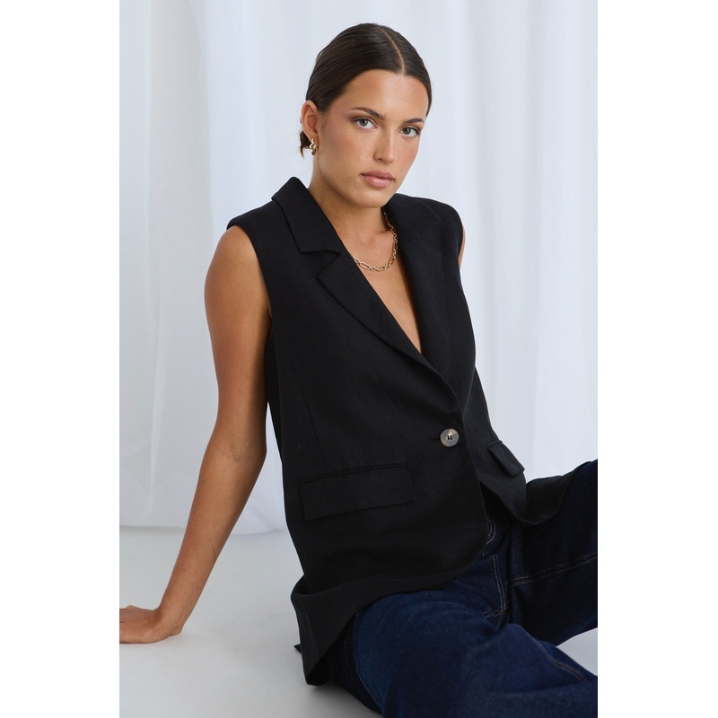 Vancouver Black Linen Longline Vest