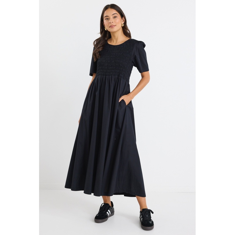 Wren Black Poplin SS Shirred Bodice Midi Dress
