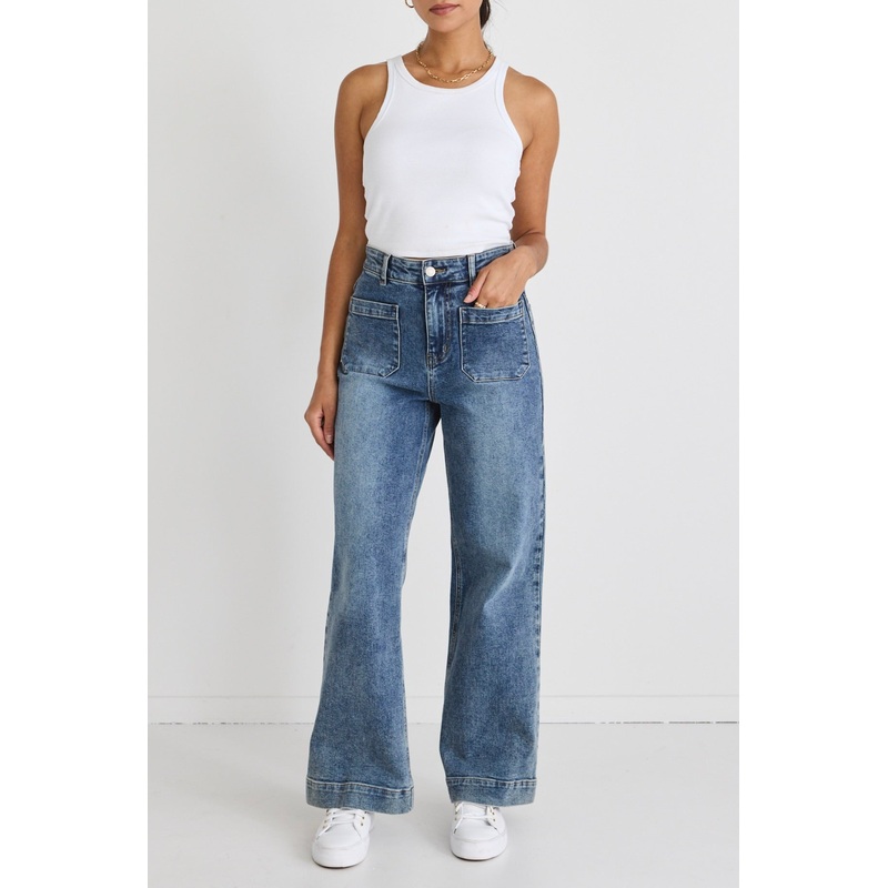 Zoey Mid Blue High Rise Wide Leg Pocket Jean