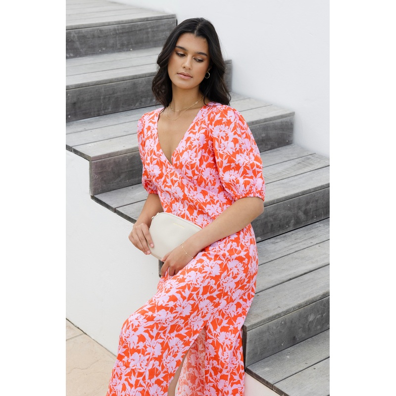 Amora Pink Floral Shadows SS Bias Midi Dress
