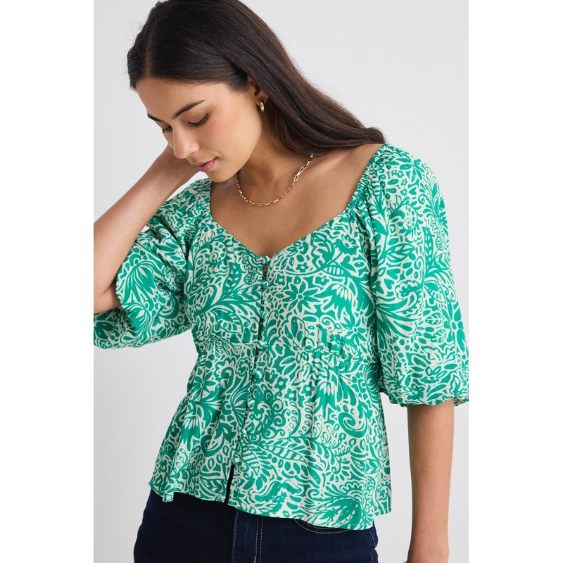 Amulet Green Batik Print Sweetheart Neck Short Sleeve Top