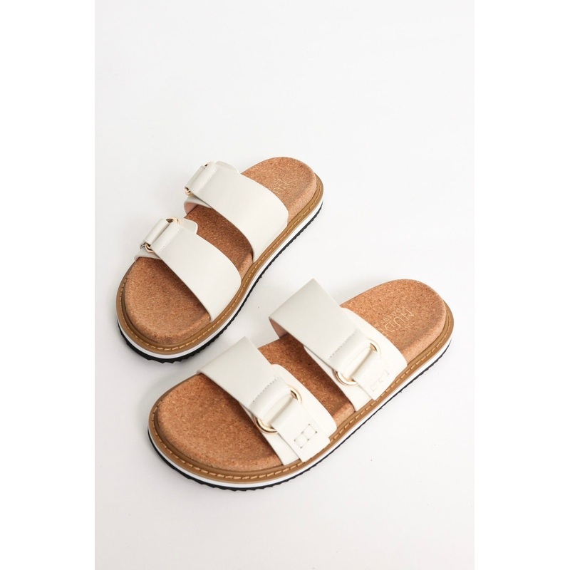 Bambi White Double Leather Strap Slide