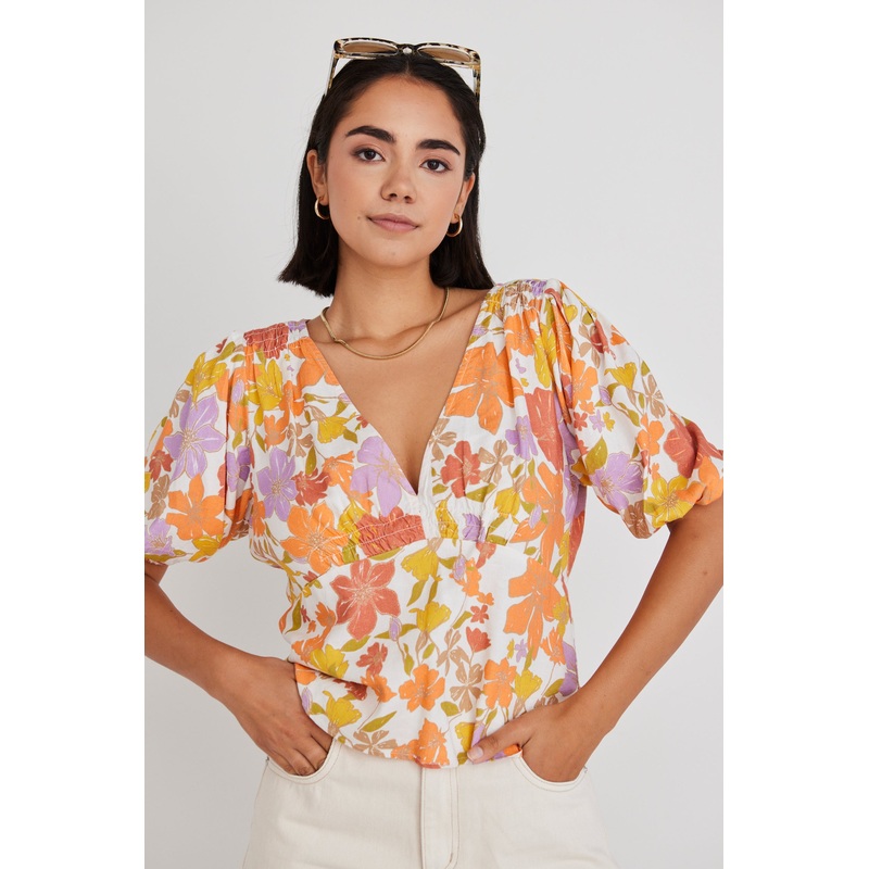 Believer Fruity Floral SS V Neck Top