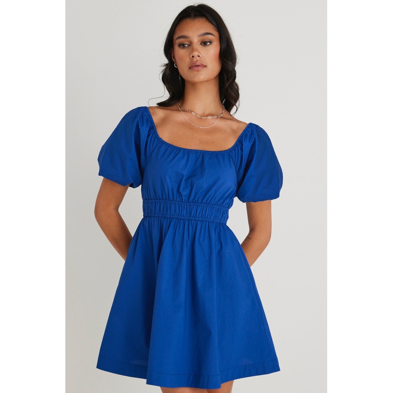 Blossom Azure Puff Sleeve Mini Dress