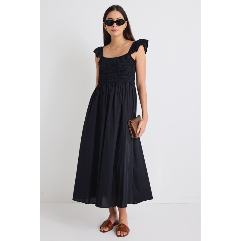 Bonbon Black Flutter Sleeve Midi Dress
