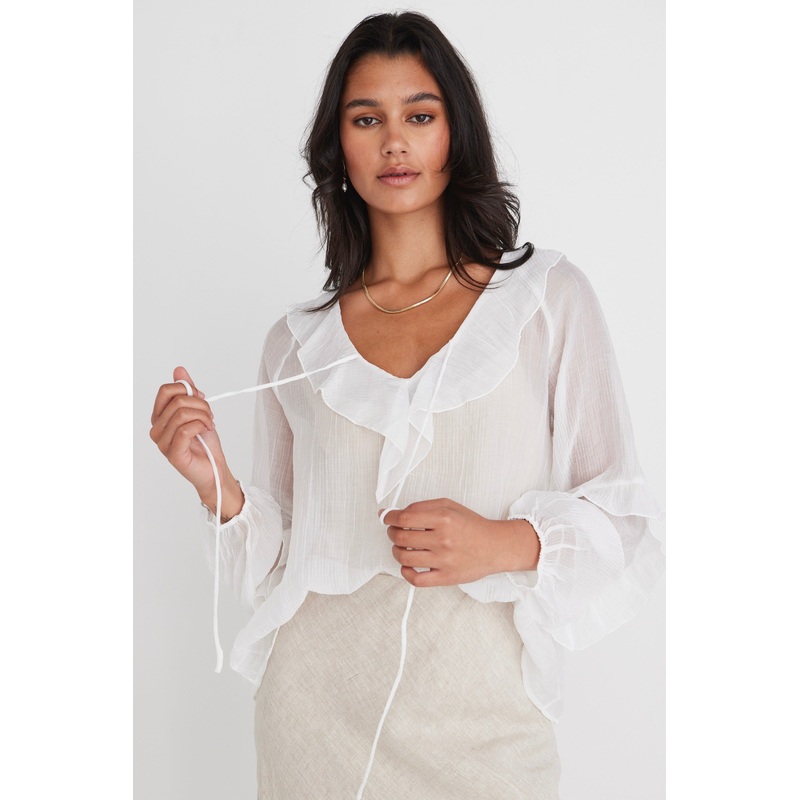 Daily Ivory Sheer Texture Frill Front Top