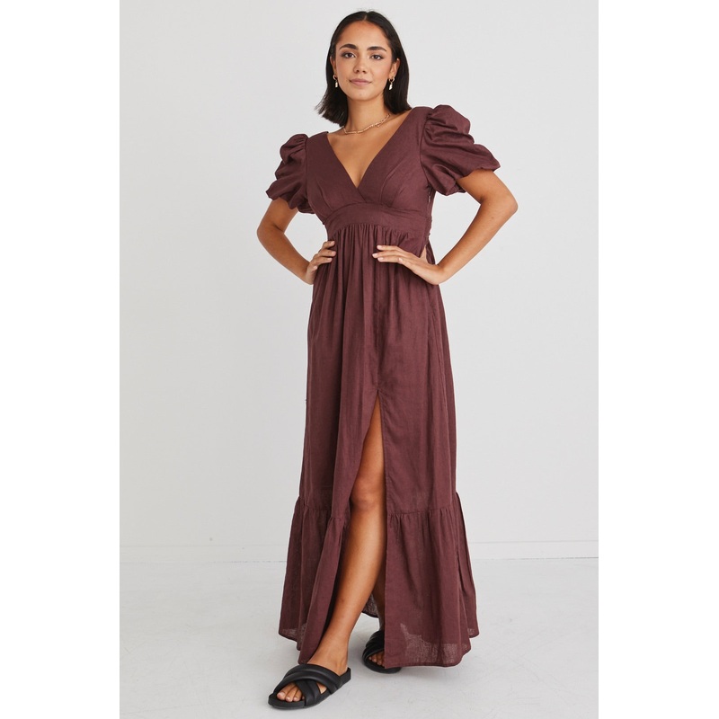 Ever After Raisin Linen Puff Sleeve Maxi Dress
