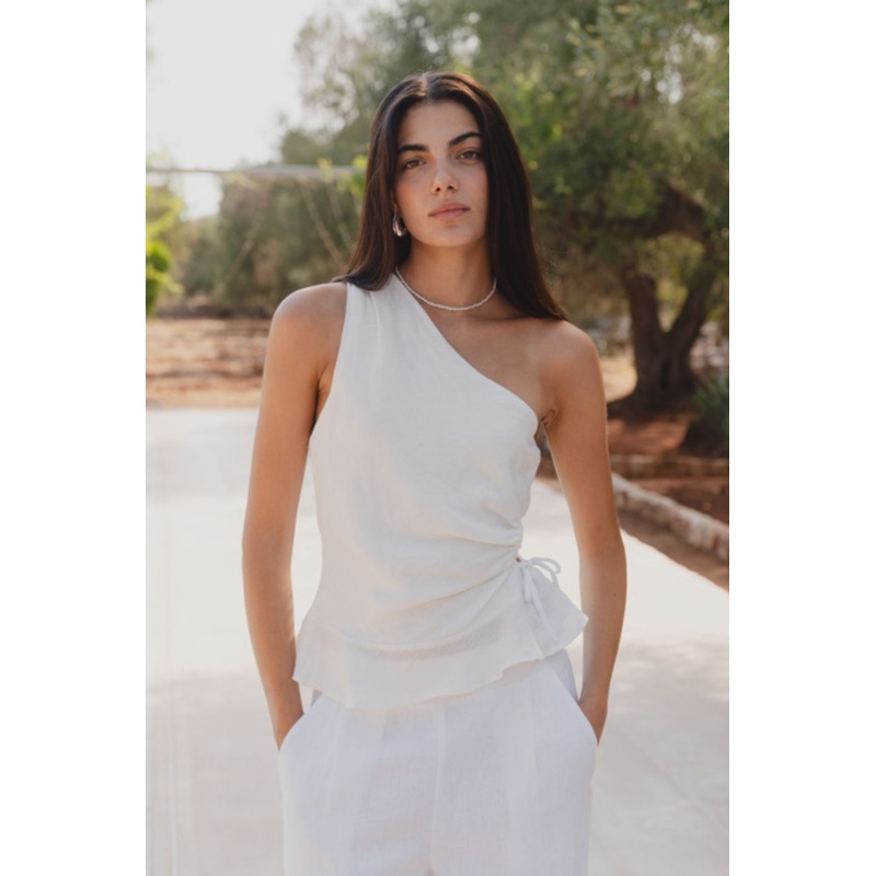 Fairytale White Linen One Shoulder Cutout Top