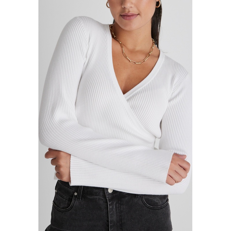 Feel Good White Ls Wrap Rib Knit Top