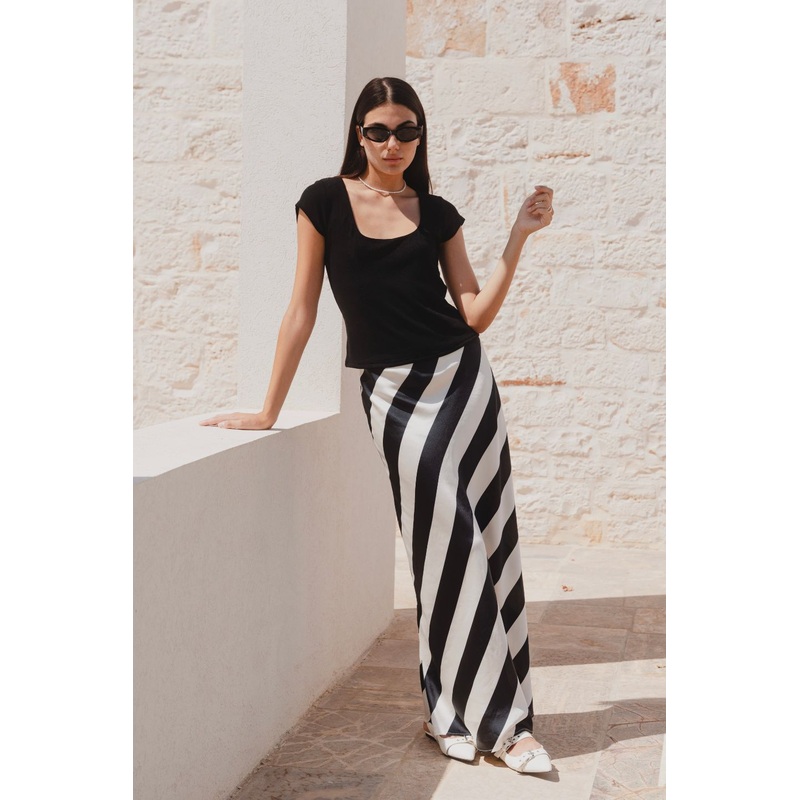 Fiery Black Stripe Satin Bias Maxi Skirt