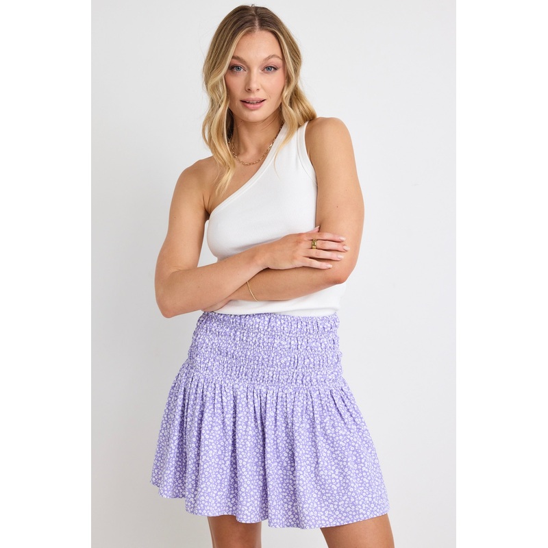 Glowing Lilac Ditsy Floral Shirred Waist Mini Skirt