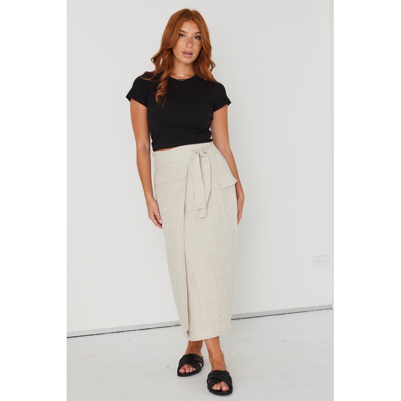 Grounded Natural Linen Wrap Cargo Midi Skirt