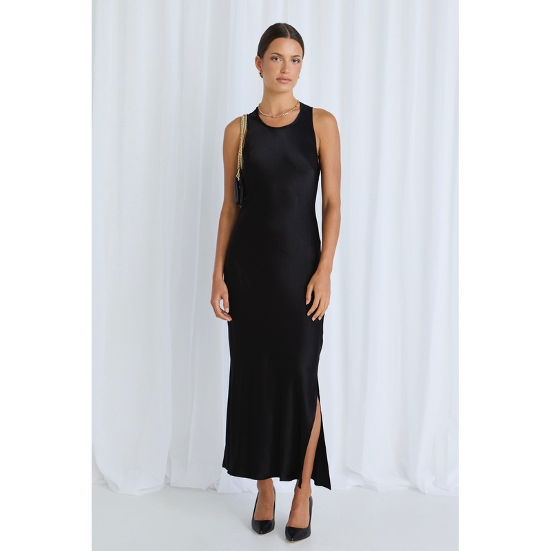 Noah Black Satin Scoop Neck Slip Dress