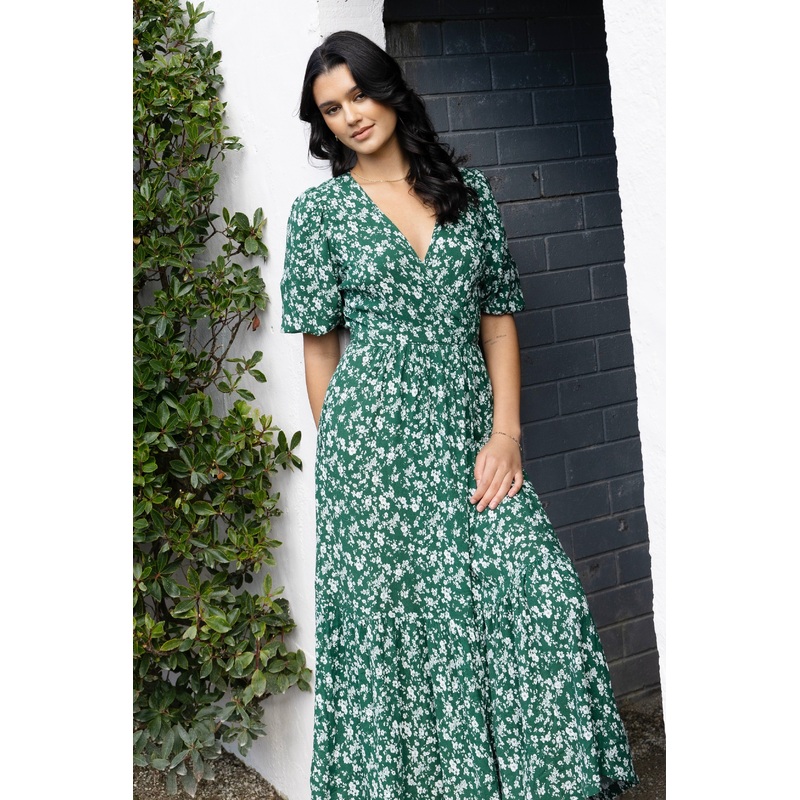 Ocean Green Ditsy Ss Wrap Midi Dress