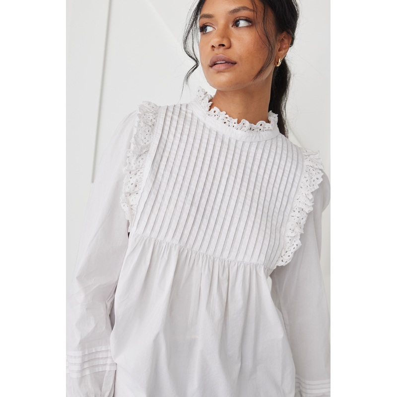Opal White Voile Pleat Bodice High Neck Ls Top