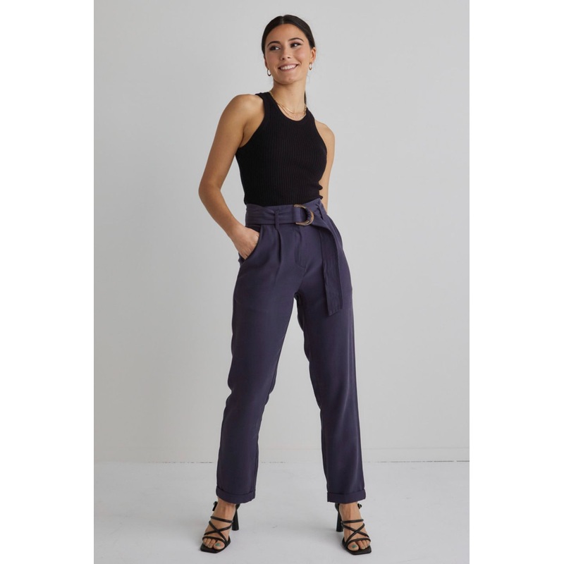 Pierre Navy Soft Viscose Tapered Leg Belted Pant