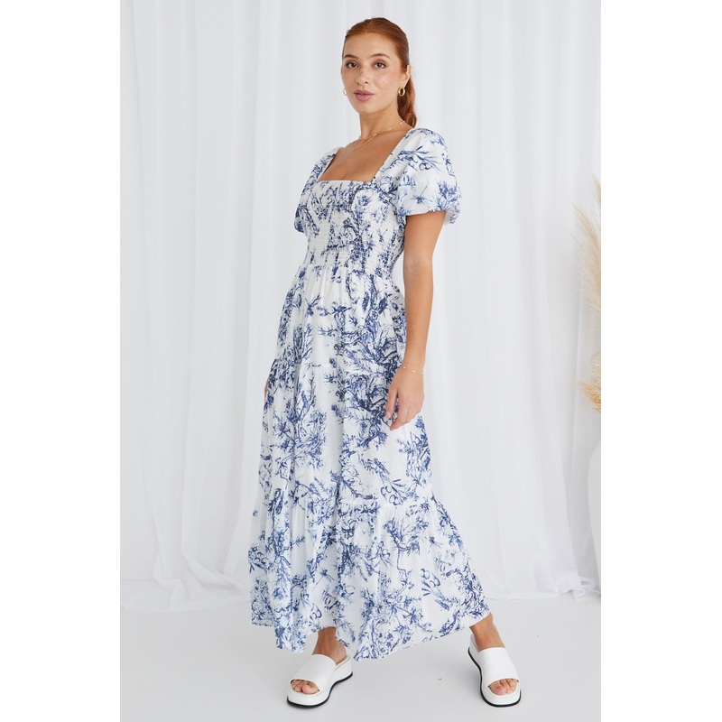 Raven Blue Porcelain Print Puff Sleeve Tiered Maxi Dress