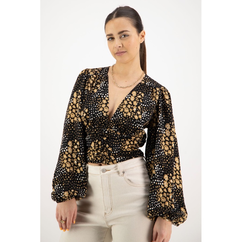 Reign Gold Spot LS Balloon Sleeve Plunge Button Front Crop Top