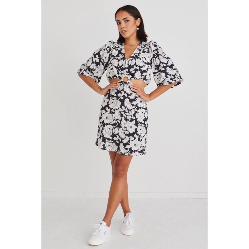 Roller Floral Silhouette LS Cut Out Mini Dress