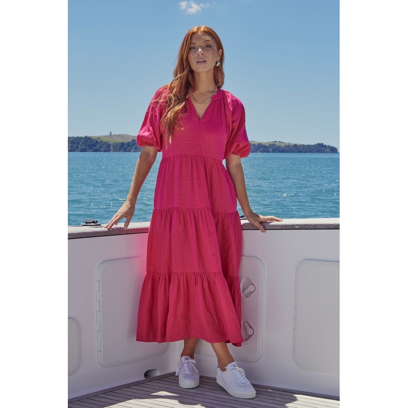 Santorini Raspberry Linen Puff Ss V-Neck Tiered Maxi Dress