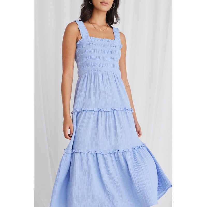 Worthy Powder Blue Shirred Tiered Strappy Maxi Dress