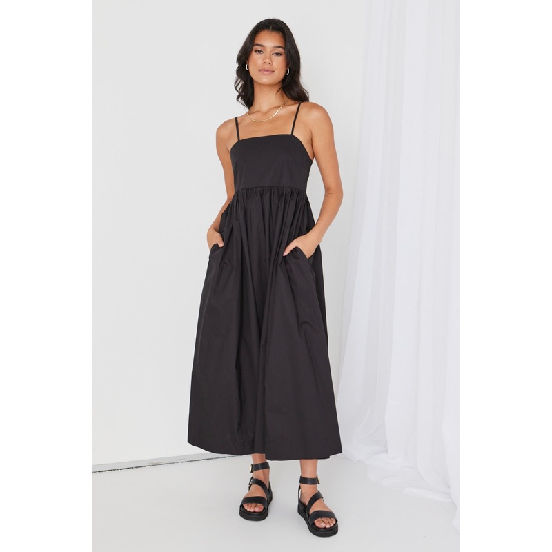 Zion Black Poplin Strappy Maxi Dress