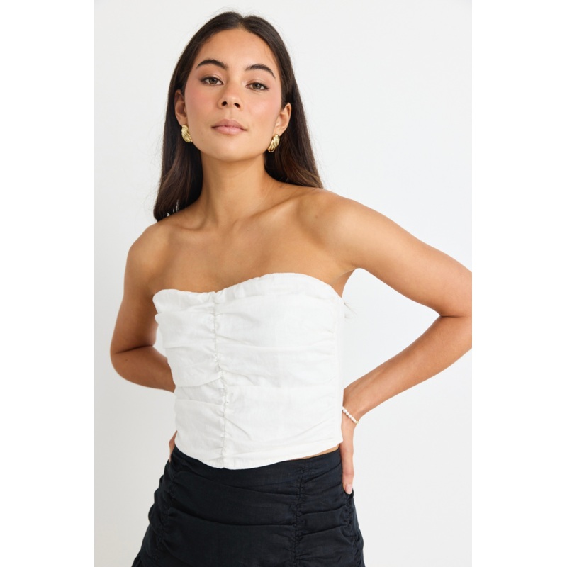 Ascend White Linen Strapless Rouched Top