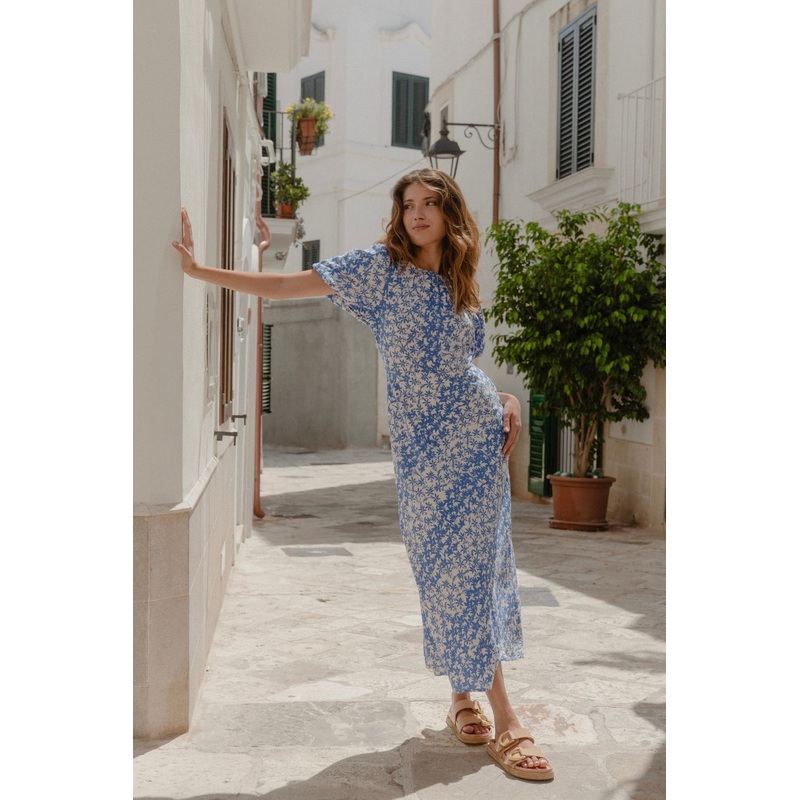 Astrid Blue Floral Puff Sleeve Bias Maxi Dress