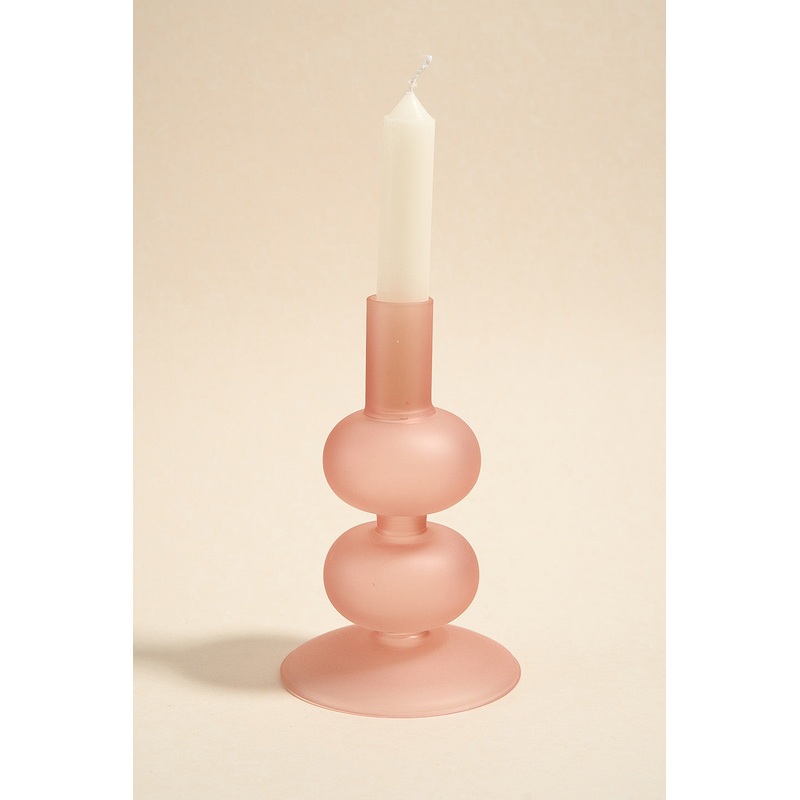 Double Bubble Frosted Pink 14cm Glass Taper Candle Holder