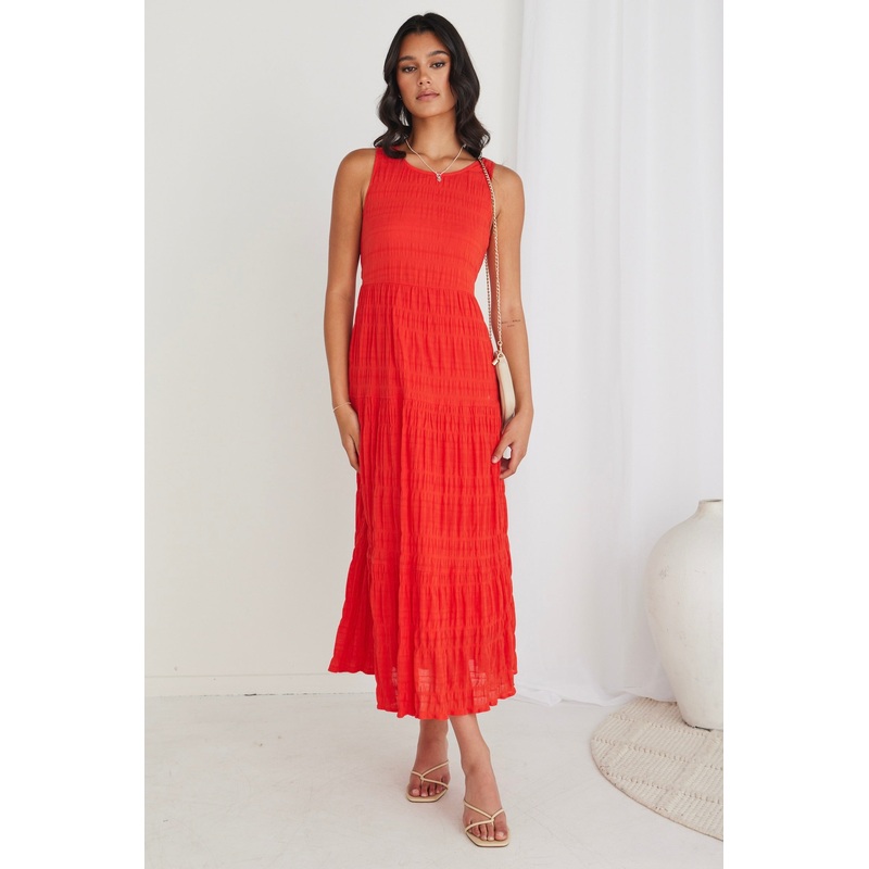 Florentena Sunset Shirred Cotton Sleeveless Tiered Maxi Dress