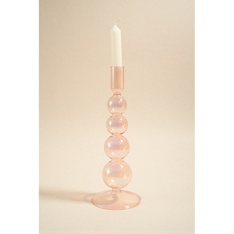 Four Bubble Pearl Pink 25cm Glass Taper Candle Holder