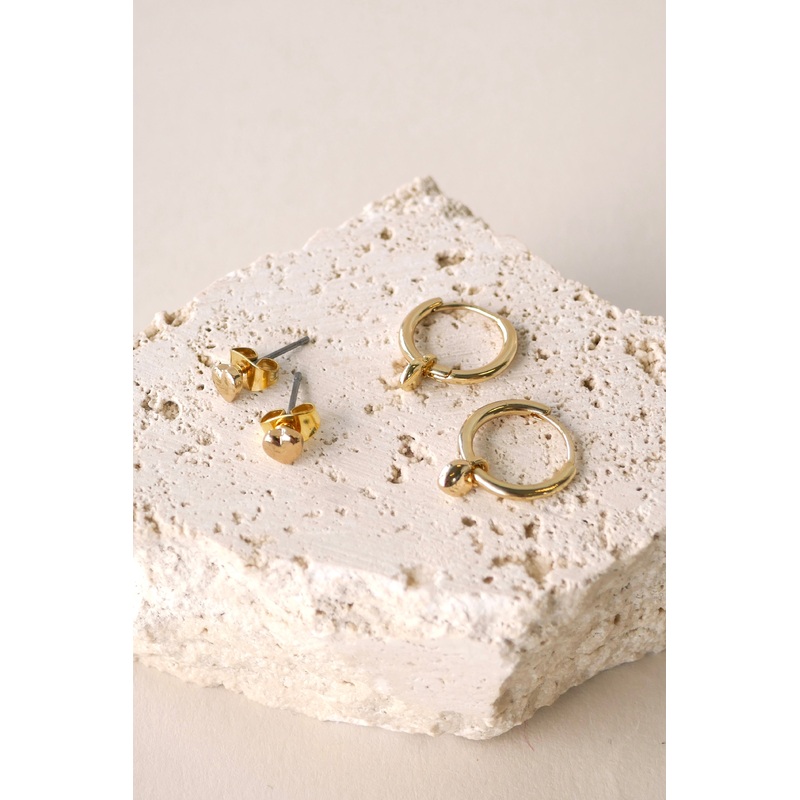 Heart Sleeper Stud Set Gold Earrings