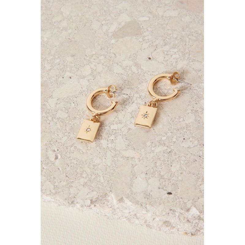 Rectangle Pendant Gold Hoop Earrings