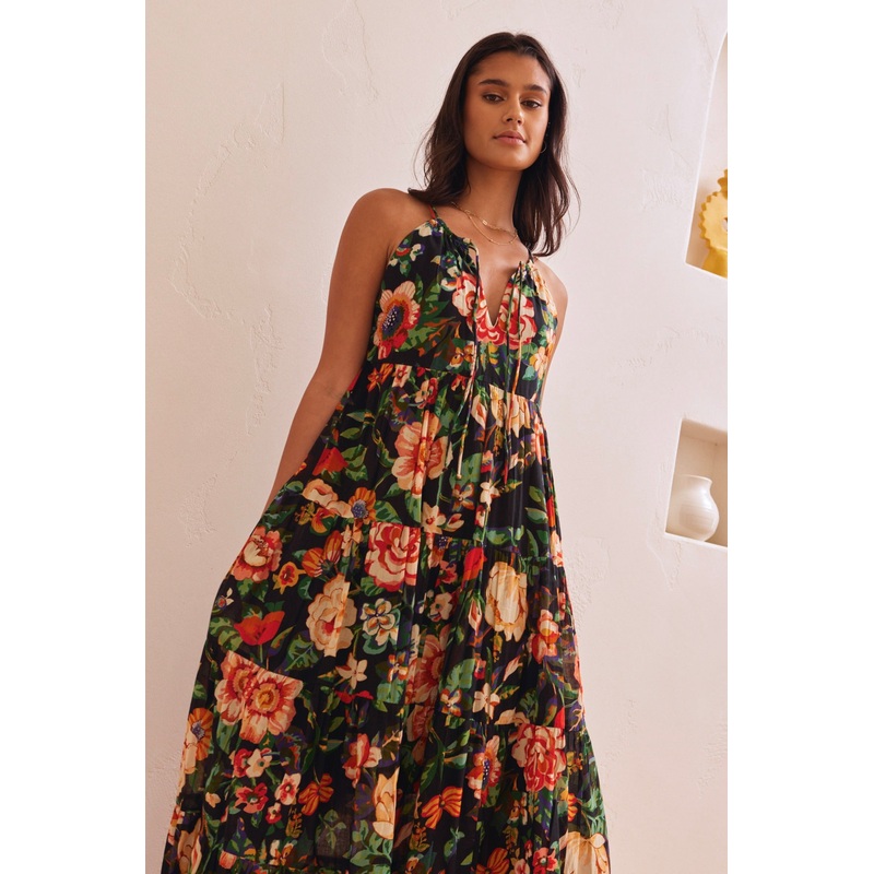 Affair Black Floral Cotton Strappy Tiered Maxi Dress