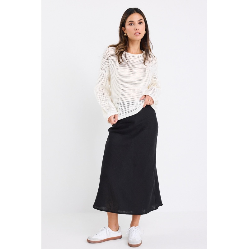 Bliss Black Linen Bias Midi Skirt