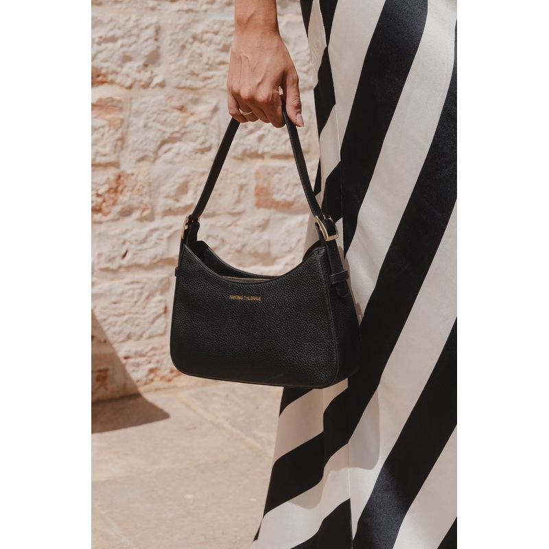 Brooklyn Black Leather Double Buckle Shoulder Bag