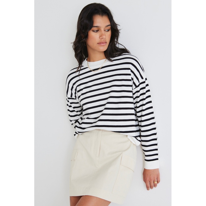 Clear Breton White Black Stripe Crew Neck Jumper