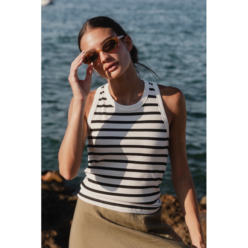 Cobble White Black Stripe Rib Cutaway Tank